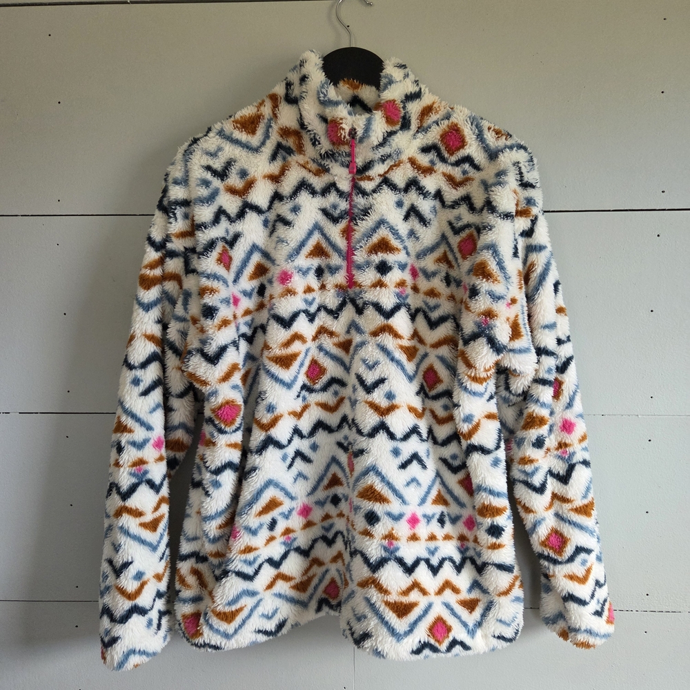 Eddie Bauer Geometric 1/4 Zip Pull Over White Blue Brown Pink Women's XL